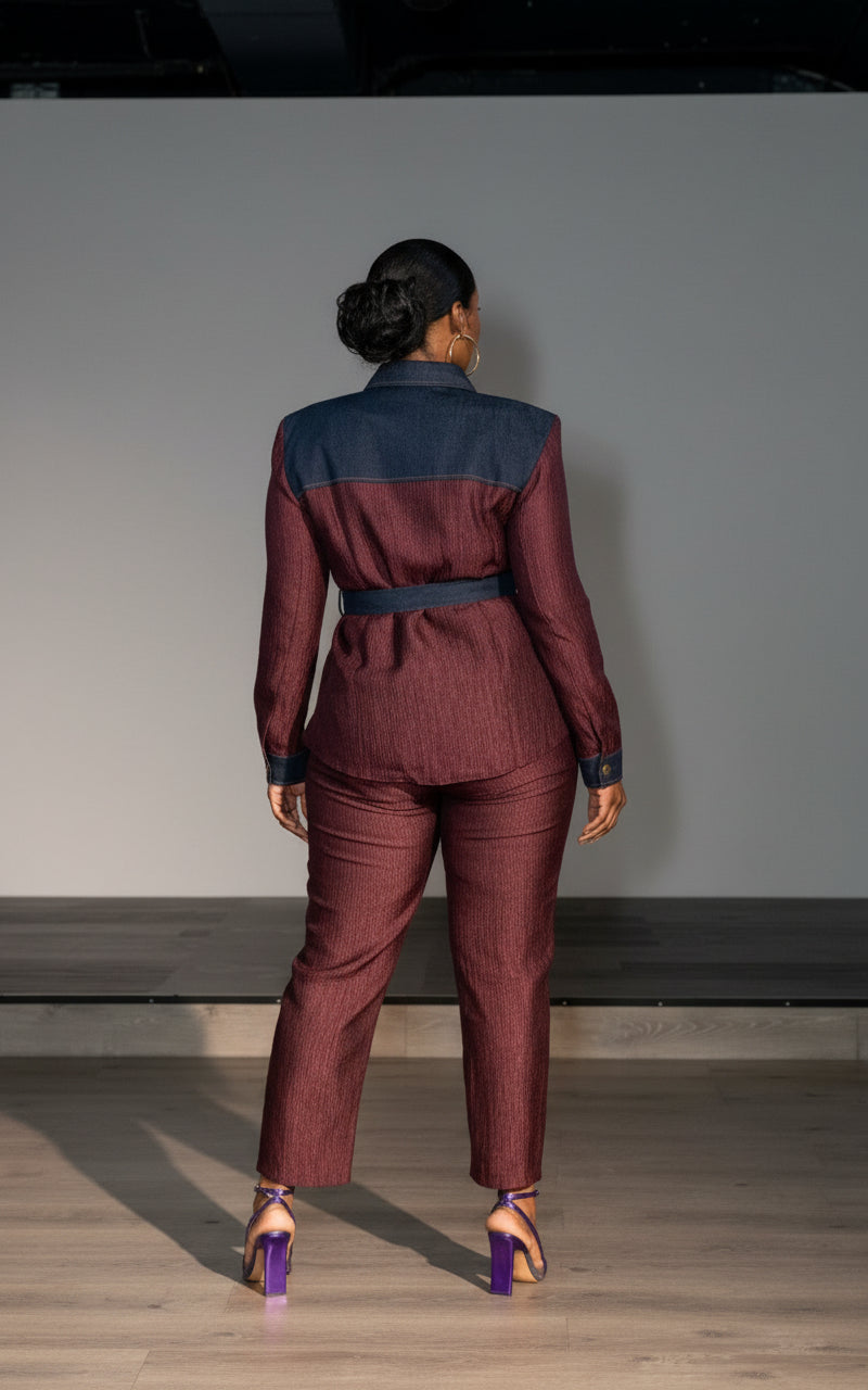 Corporate Baddie Burgundy & Denim Two-Piece Set